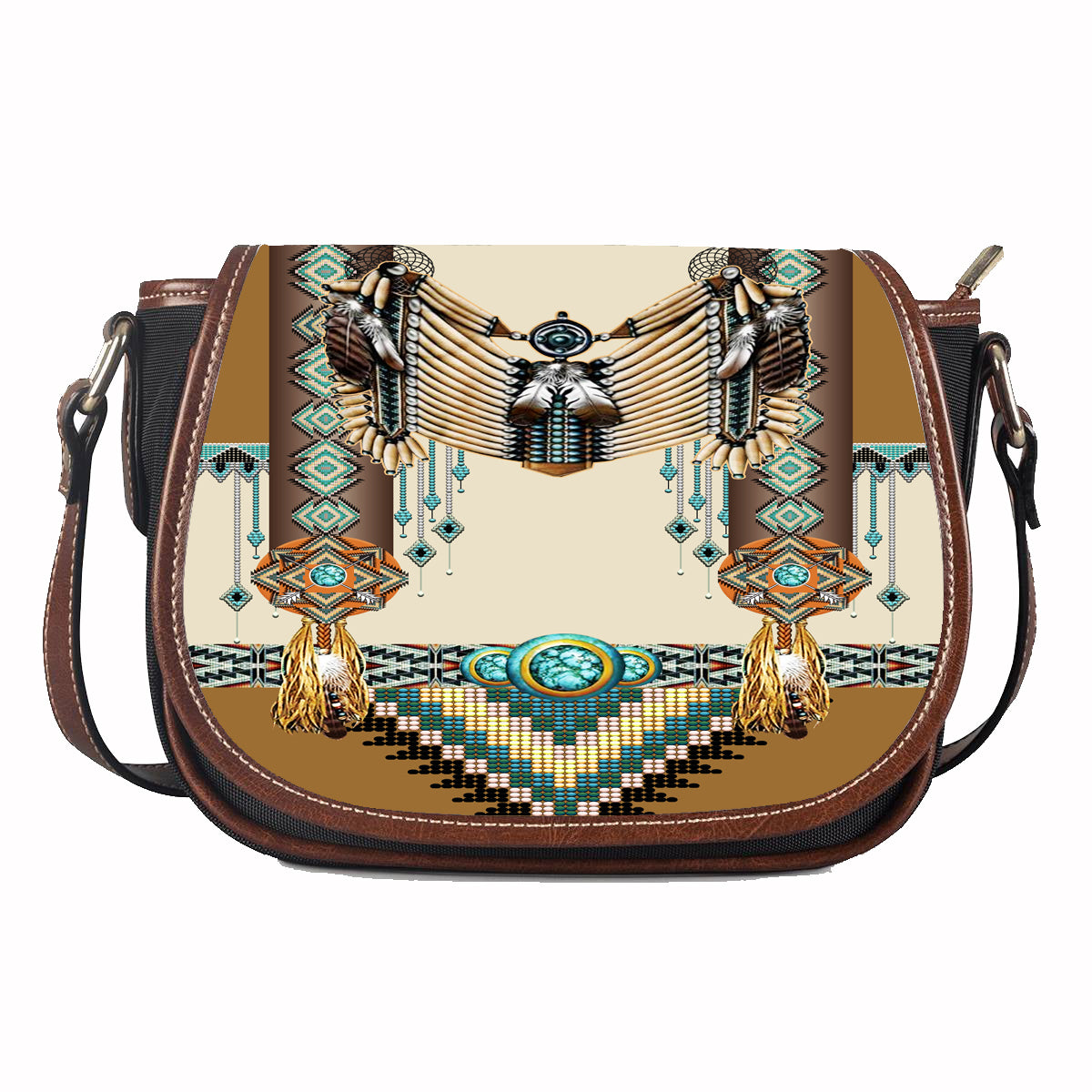 GB-NAT00059 Brown Pattern Breastplate Leather Saddle Bag - Powwow Store