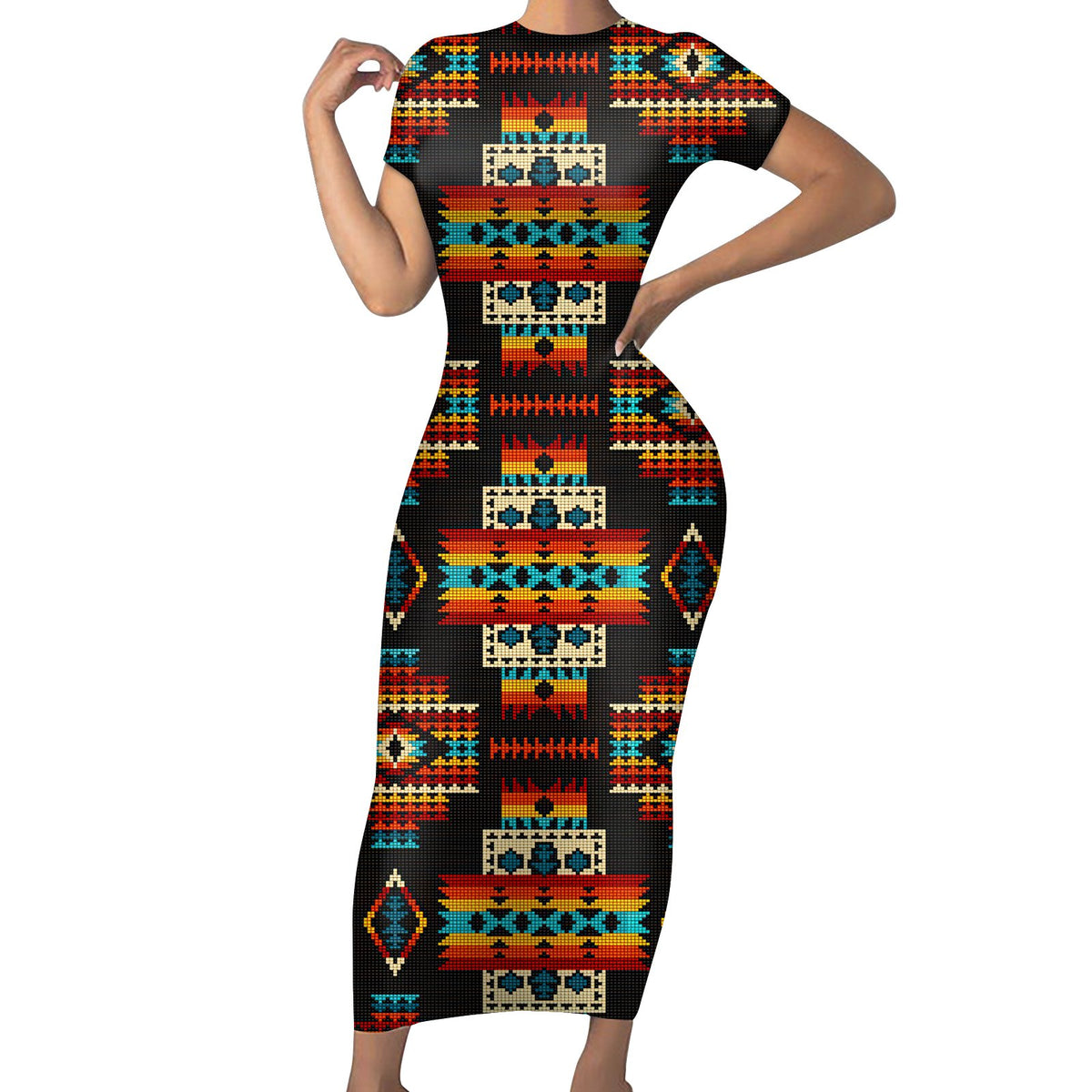 Powwow Store gb nat00402 black pattern native short sleeved body dress