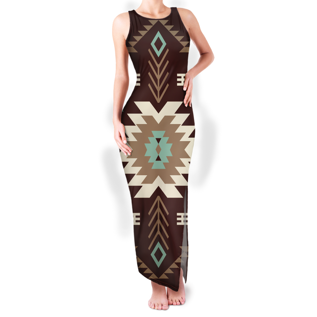 GB-NAT00737 Pattern Native Round Neck Double Slit Sundress