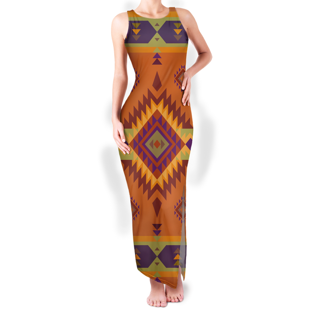 Powwow StoreGBNAT00738 Pattern Native Round Neck Double Slit Sundress