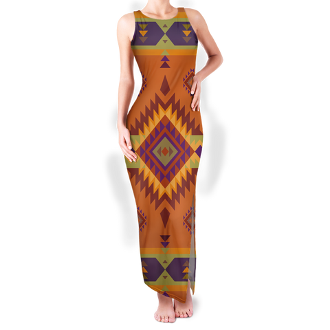 Powwow StoreGBNAT00738 Pattern Native Round Neck Double Slit Sundress