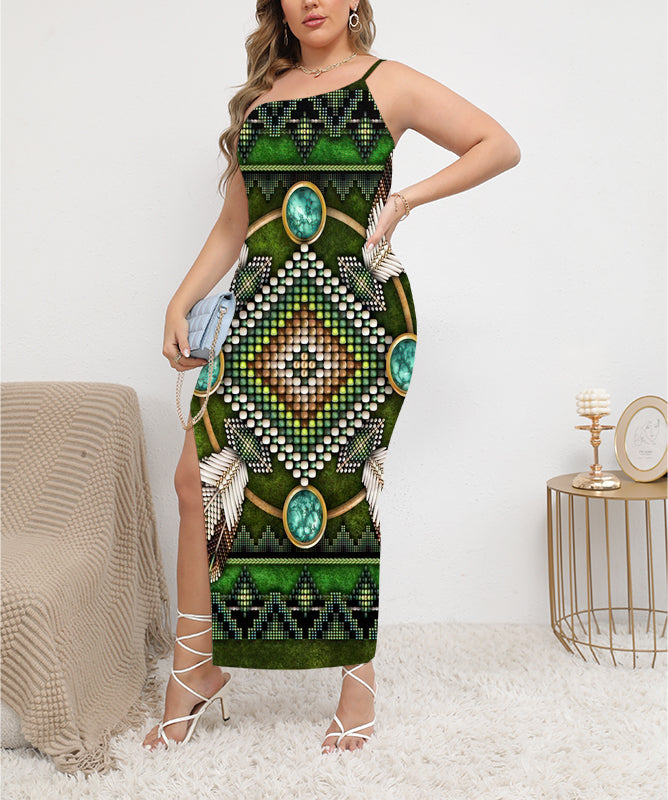 Powwow StoreGBNAT00023 Naumaddic Arts Green ObliqueShoulder Exposure Dress With Side Split