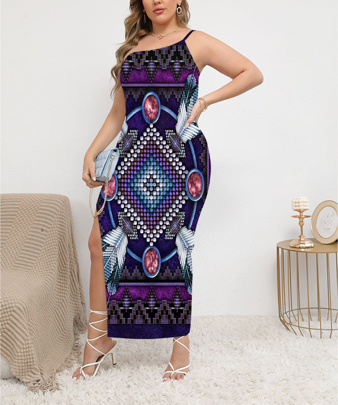 Powwow StoreGBNAT0002303 Naumaddic Arts ObliqueShoulder Exposure Dress With Side Split