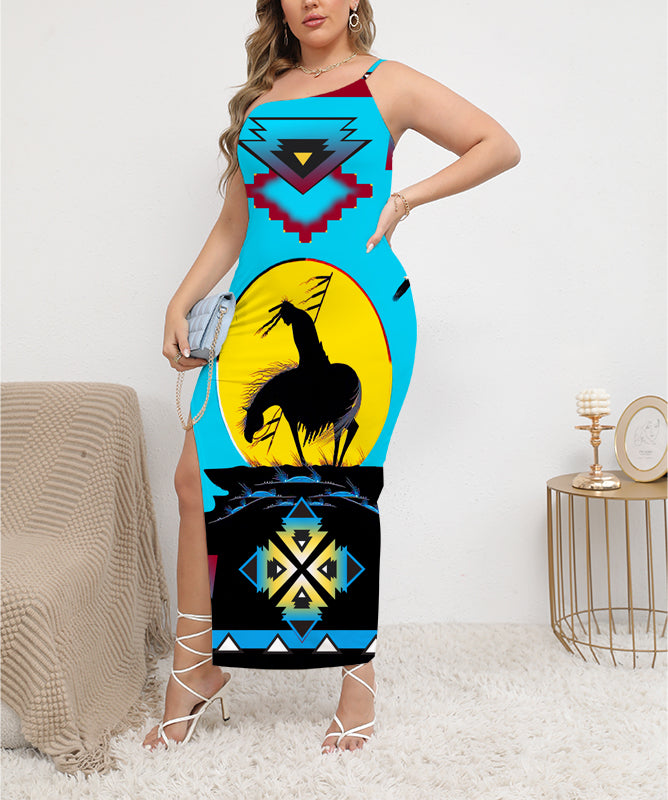 Powwow StoreGBNAT00026 Trail Of Tear Native  Arts ObliqueShoulder Exposure Dress With Side Split