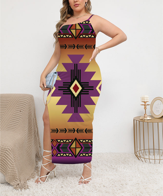 GB-NAT00057-06 Southwest Purple  Arts Oblique-Shoulder Exposure Dress With Side Split