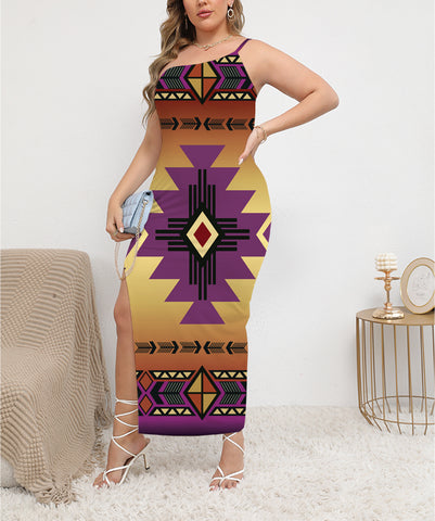 Powwow StoreGBNAT0005706 Southwest Purple  Arts ObliqueShoulder Exposure Dress With Side Split