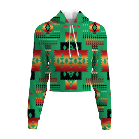 Powwow Store gb nat00046 02 green tribe pattern native american crop hoodie