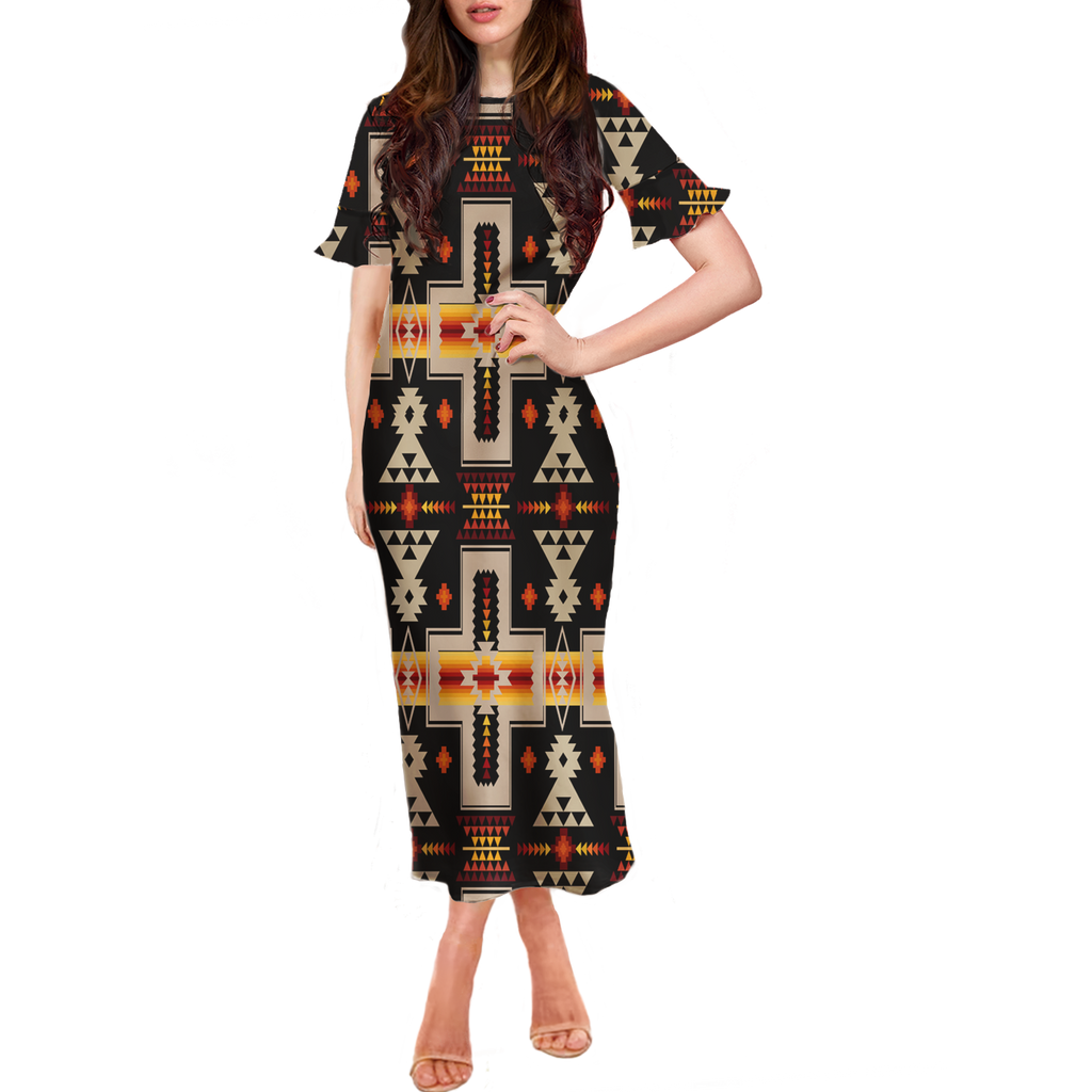 GB-NAT00062-01 Pattern Native Women Long Dress With Falbala