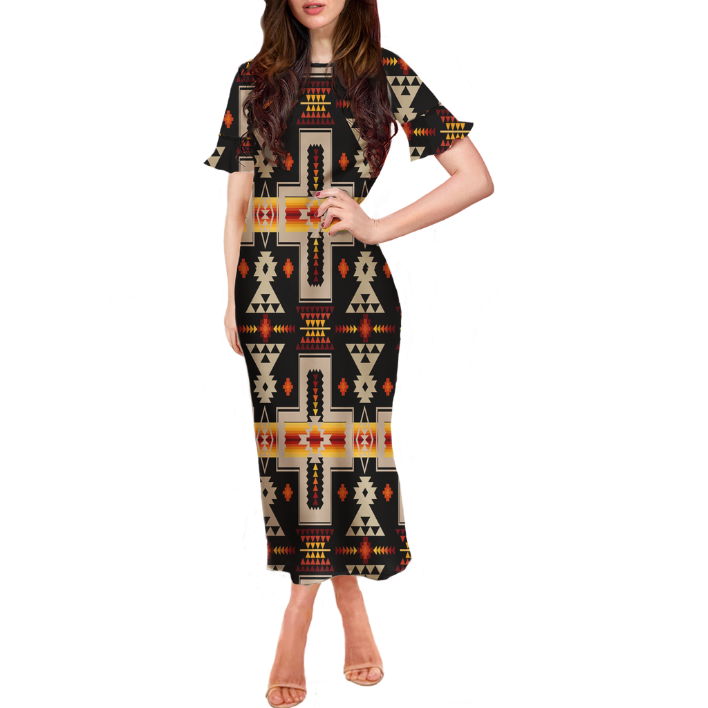 Powwow StoreGBNAT0006201 Pattern Native Women Long Dress With Falbala