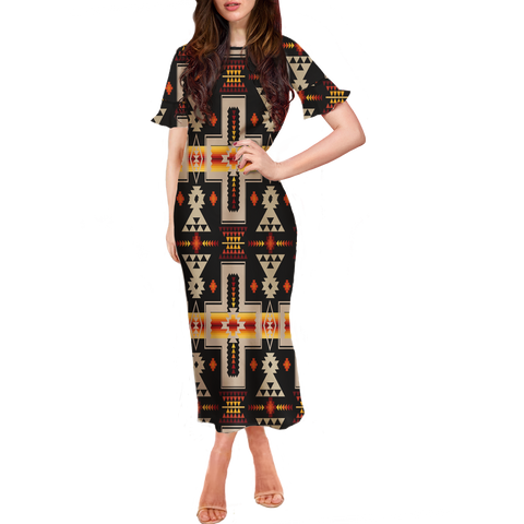 GB-NAT00062-01 Pattern Native Women Long Dress With Falbala