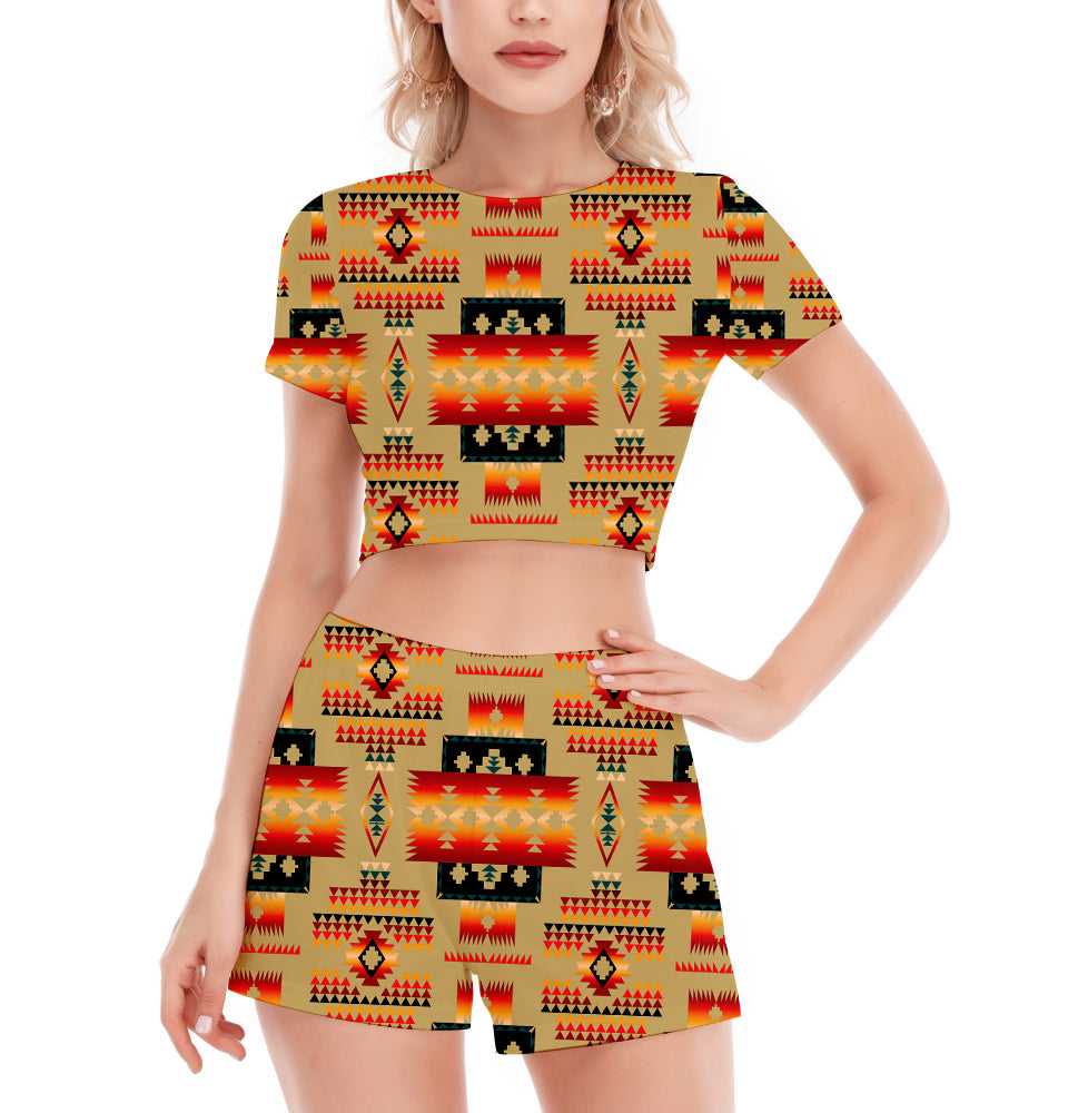 Powwow StoreGBNAT0004615 Pattern Native Women's Short Sleeve Cropped Top Shorts Suit