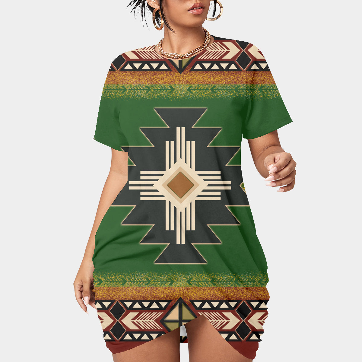 Powwow StoreGBNAT0001 Southwest Green Symbol Women’s Stacked Hem Dress With Short Sleeve