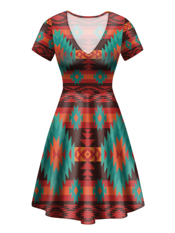 Powwow Store gb nat00611 red geometric pattern round neck dress