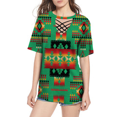 GB-NAT00046-05 Green Tribe Pattern Native American Round Neck Hollow Out Tshirt - Powwow Store