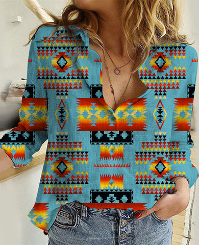 GB-NAT00046-20 Blue Native Tribes Pattern Native American Linen Shirts