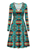 GB-NAT00046-01 Blue Native Tribes Pattern Native American V-Long Sleeve Dress