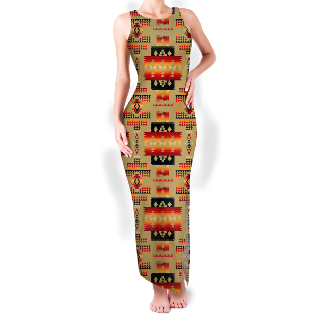 Powwow StoreGBNAT0004613 Pattern Native Round Neck Double Slit Sundress