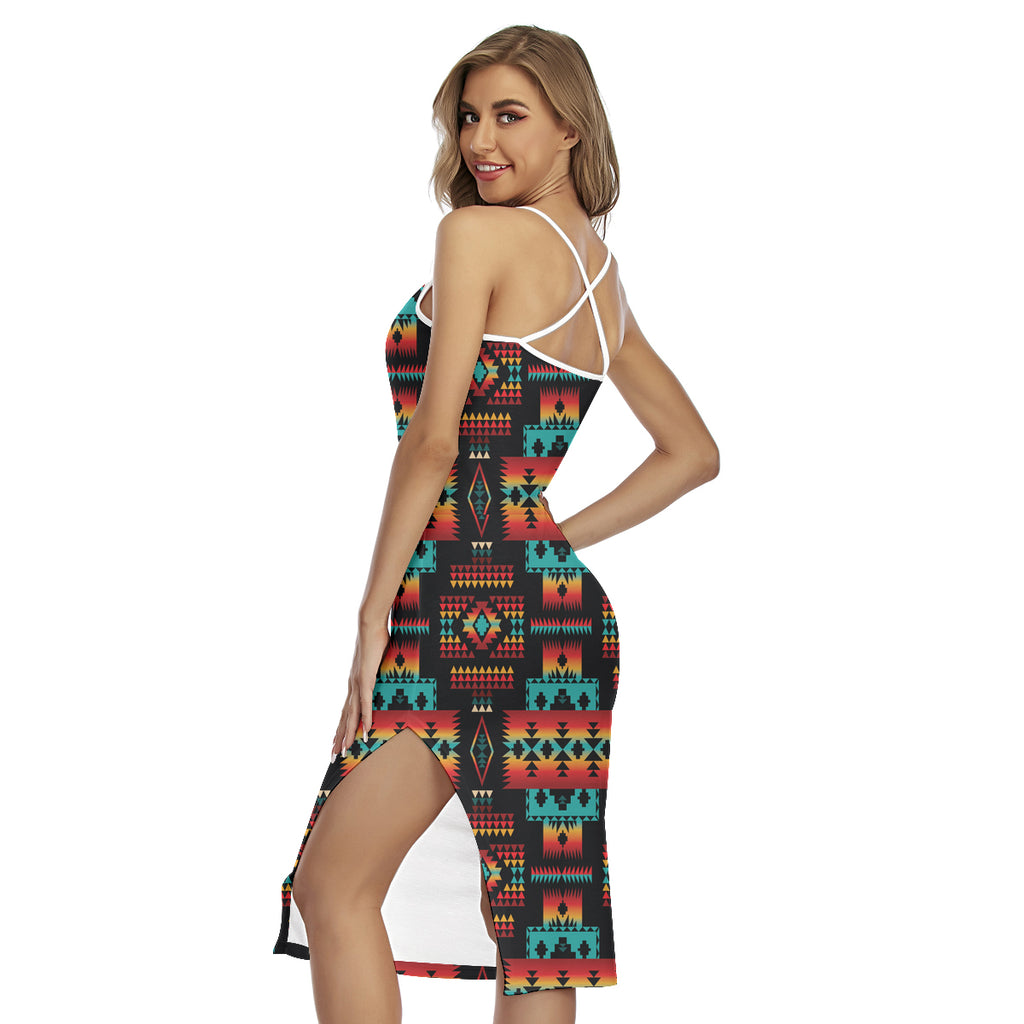 Powwow StoreGBNAT0004602 Pattern Native 3D Wrap Hem Belted Halter Dress