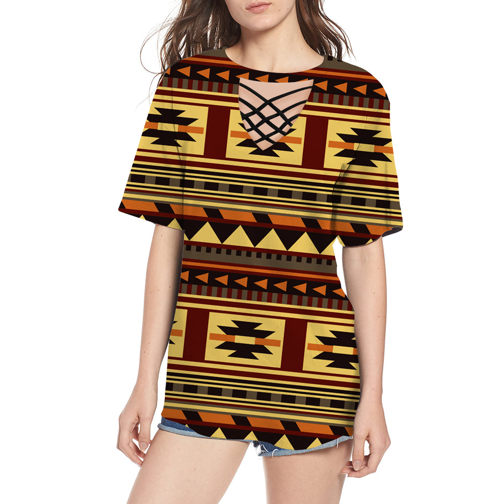 GB-NAT00507 Brown Ethnic Pattern Round Neck Hollow Out Tshirt - Powwow Store
