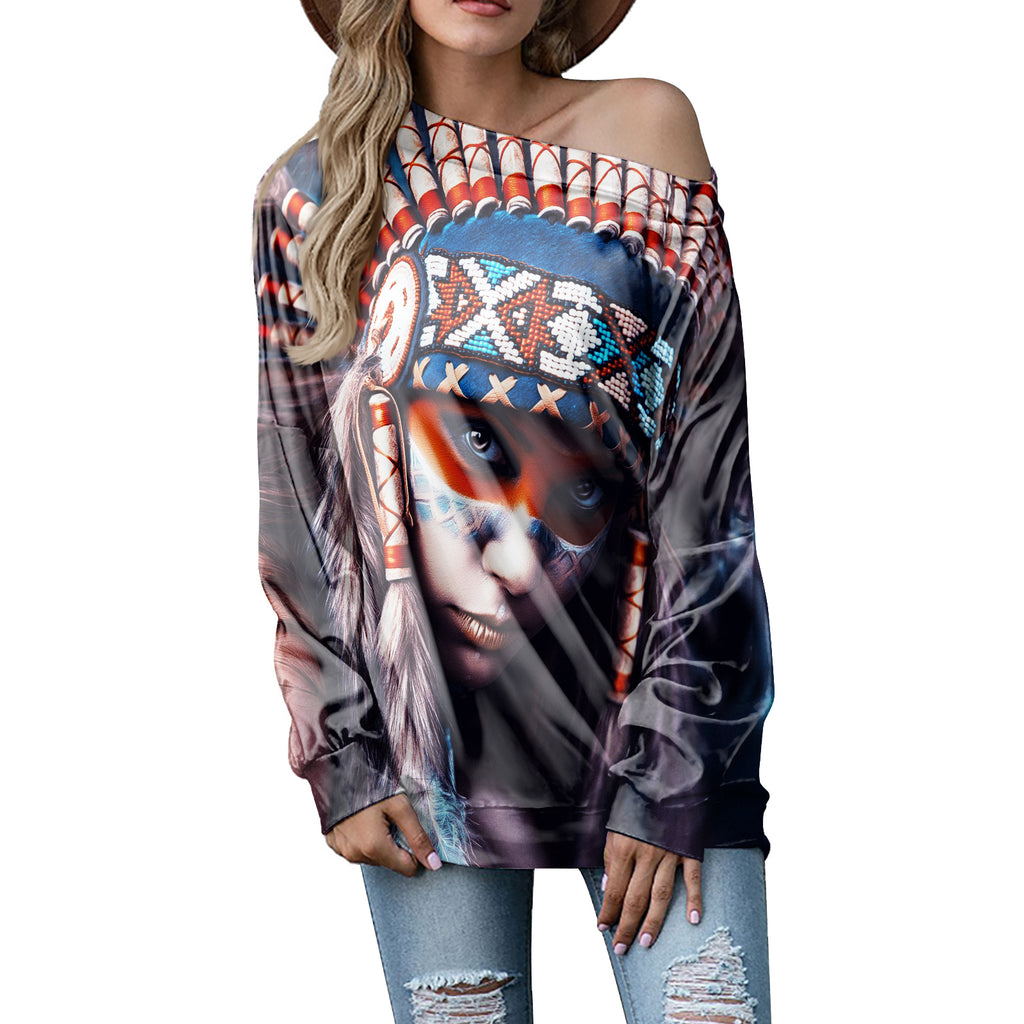 GB-NAT00038 3D Native Girl Native American Off-shoulder Sweatshirt