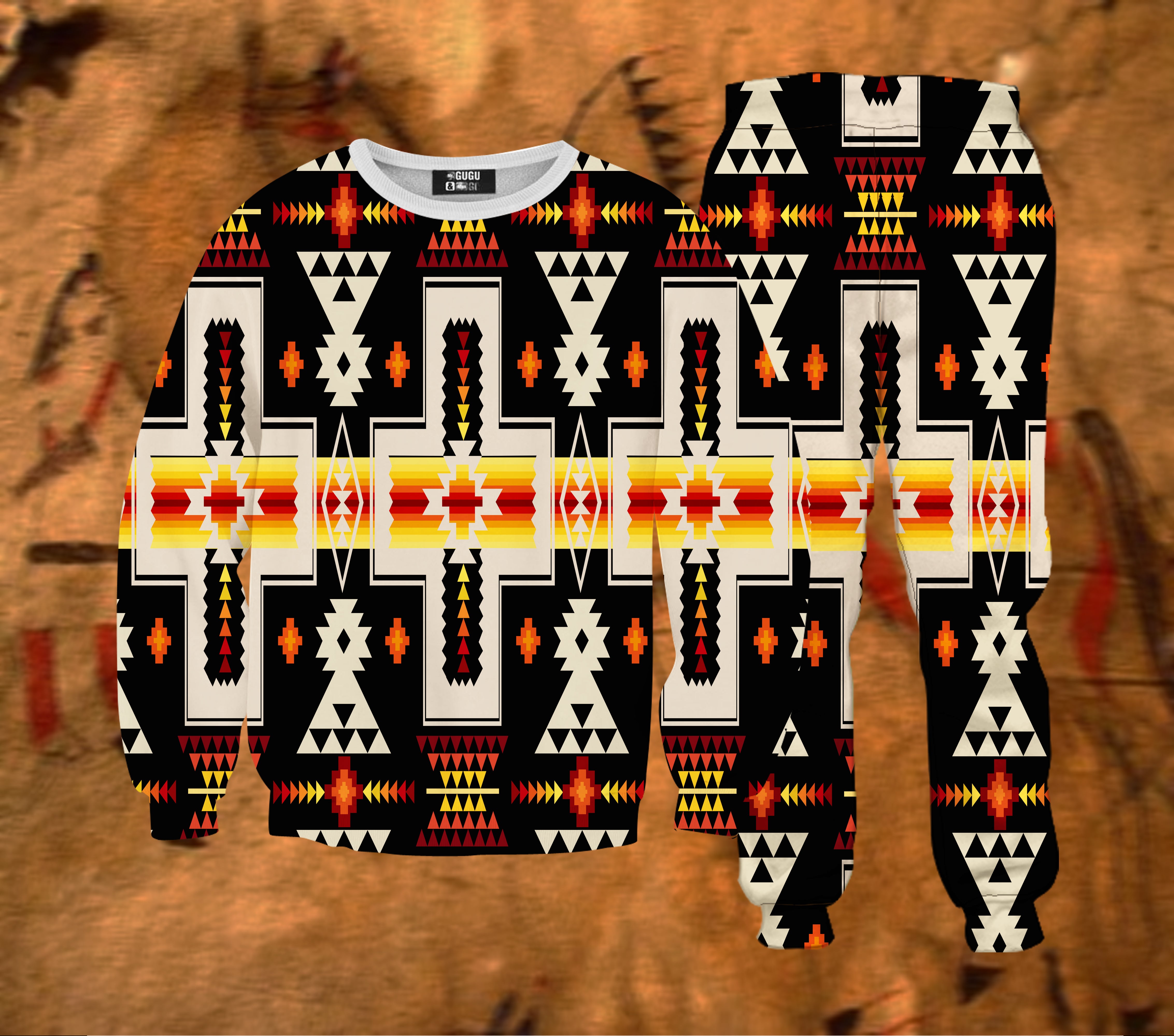 GB-NAT00062-01 Black Tribe Design Sweatshirt & Sweatpants Set - Powwow Store