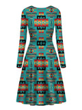 GB-NAT00046-01 Blue Native Tribes Pattern Native American V-Long Sleeve Dress