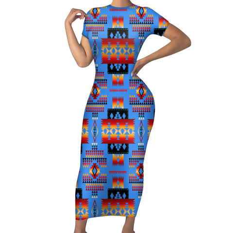 GB-NAT00046-12 Dark Blue Native Tribes Pattern Native American Short-Sleeved Body Dress