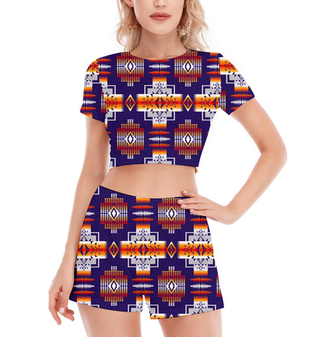 Powwow StoreGBNAT000401 Pattern Native Women's Short Sleeve Cropped Top Shorts Suit