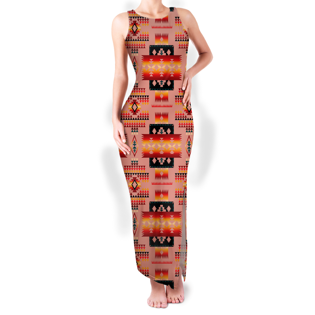 Powwow StoreGBNAT0004616 Pattern Native Round Neck Double Slit Sundress