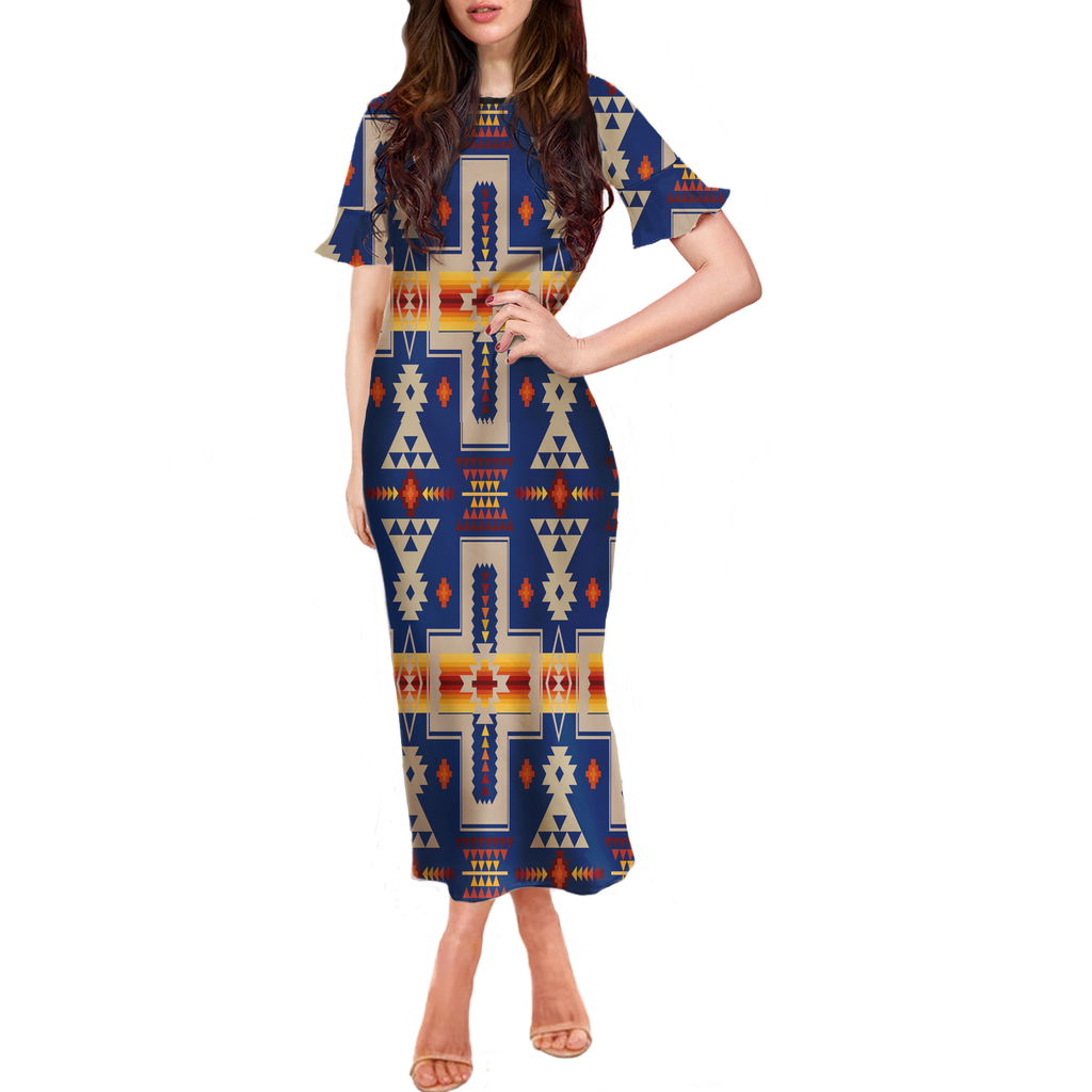 Powwow StoreGBNAT0006204 Pattern Native Women Long Dress With Falbala