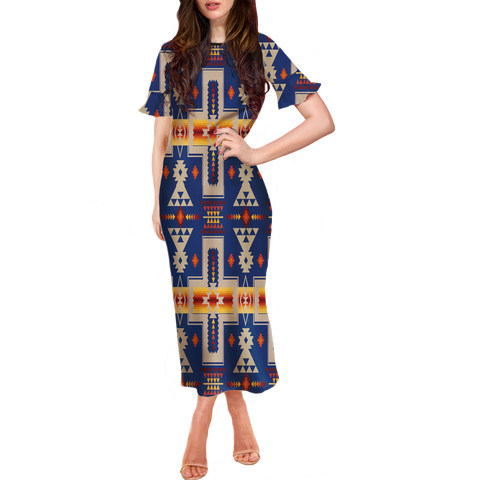 Powwow StoreGBNAT0006204 Pattern Native Women Long Dress With Falbala