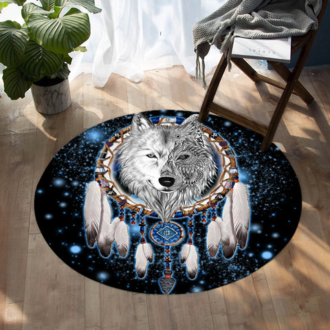 GB-NAT00010 Galaxy Dreamcatcher Wolf 3D Native American Round Carpet