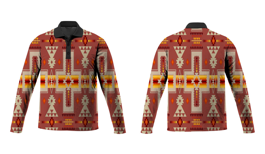 GB-NAT00062-11 Tan Tribe Design Native American Polo Long Sleeve