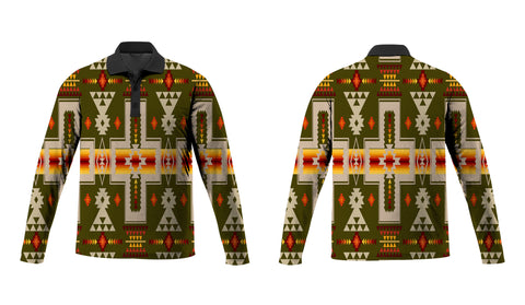 GB-NAT00062-12 Dark Green Tribe Design Native American Polo Long Sleeve