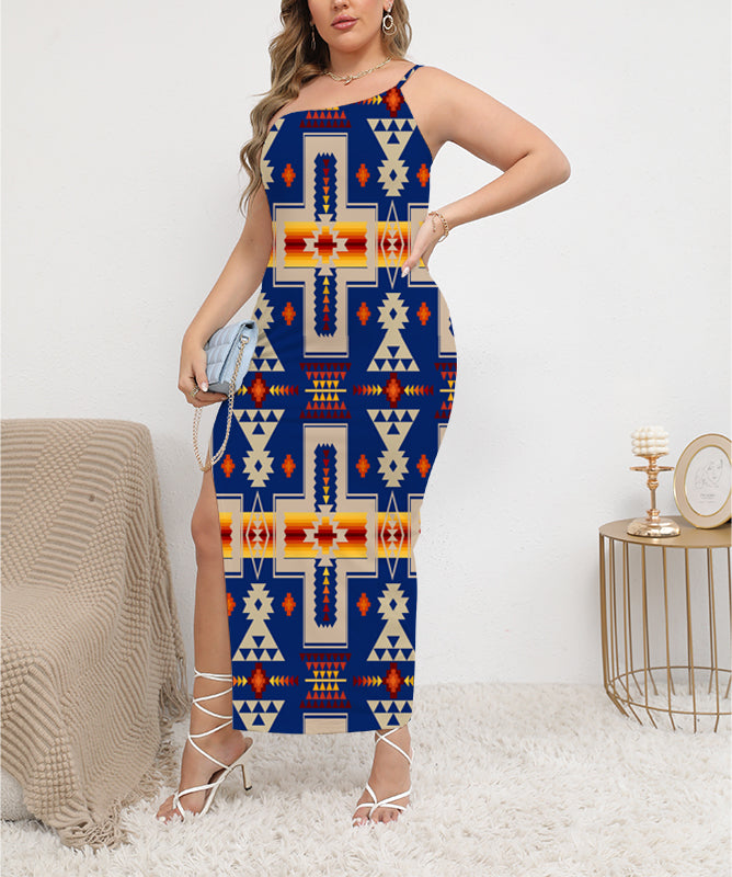 Powwow StoreGBNAT0006204 Navy Design Native  ObliqueShoulder Exposure Dress With Side Split