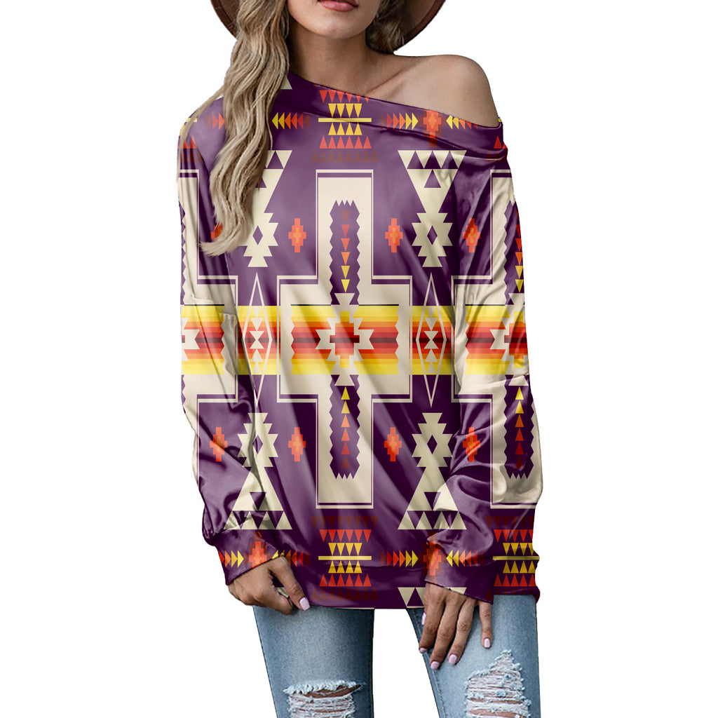 GB-NAT00062-09 Dark Purple Tribe Design Native American  Off-shoulder Sweatshirt