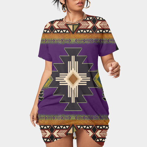 GB-NAT0001-04 Southwest Purple Symbol Native Women’s Stacked Hem Dress With Short Sleeve