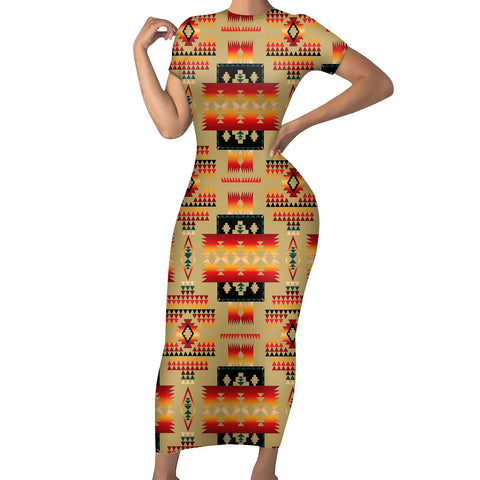 GB-NAT00046-15 Light Brown Tribe Pattern Native American Short-Sleeved Body Dress