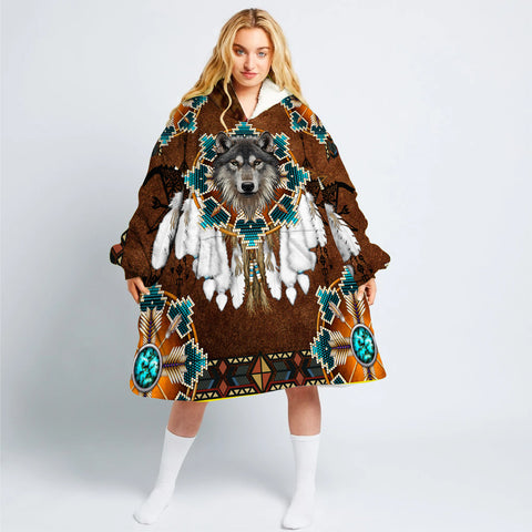 Powwow StoreGBNAT0044605 Blue Mandala Feather Wolf  Long Fleece Hoodie