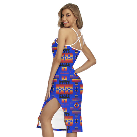 GB-NAT00046-06 Pattern Native 3D Wrap Hem Belted Halter Dress