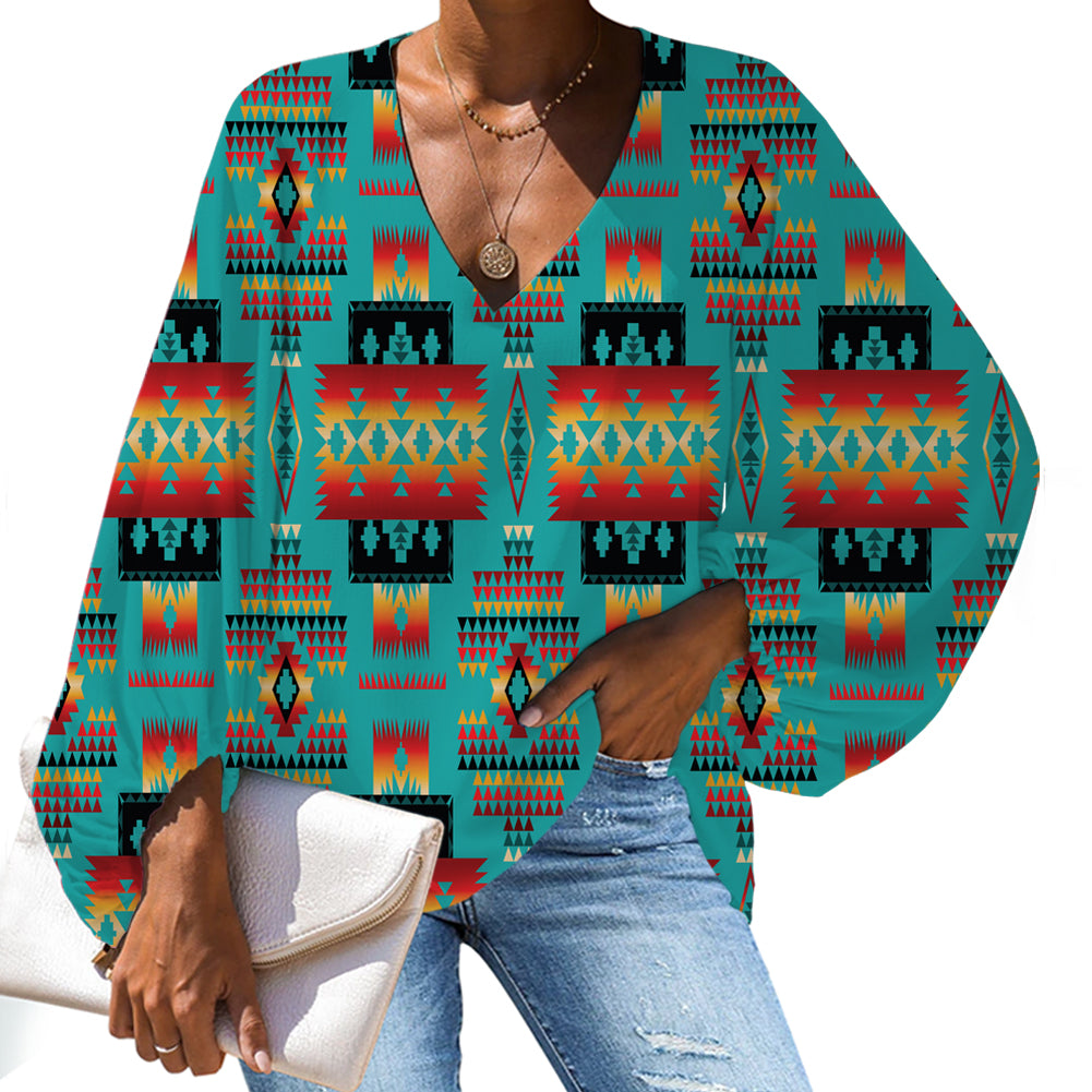 GB-NAT00046-01 Blue Native Tribes Pattern Native American Chiffon Shirt