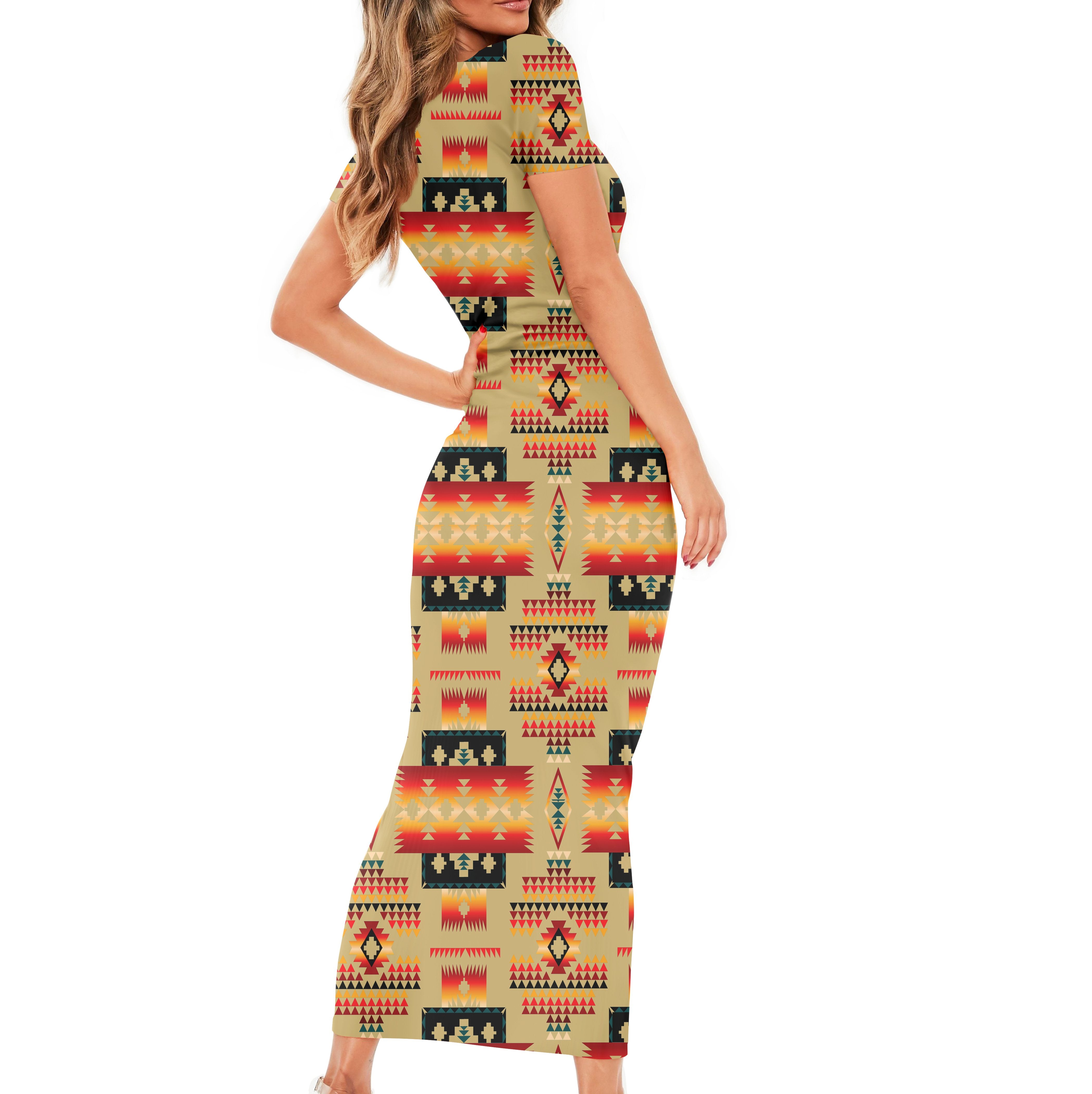 Powwow Store gb nat00046 15 light brown tribe pattern native american short sleeved body dress