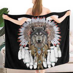 Powwow StoreGBNAT00446 Wolf With Feather  Women Wearable  BathRobe