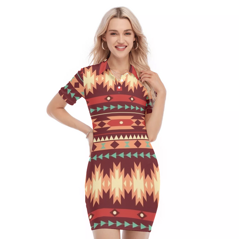 Powwow Store gb nat00510 red ethnic pattern polo collar dress