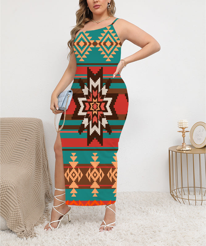 Powwow StoreGBNAT00320 Ethnic Ornament Seamless ObliqueShoulder Exposure Dress With Side Split