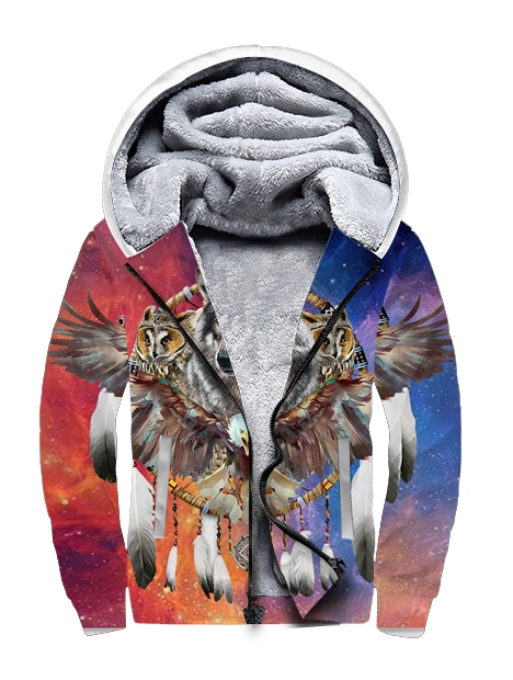 Powwow StoreGBNAT00211 Native American Wolf Owl Eagle Dreamcatcher 3D Fleece Hoodie