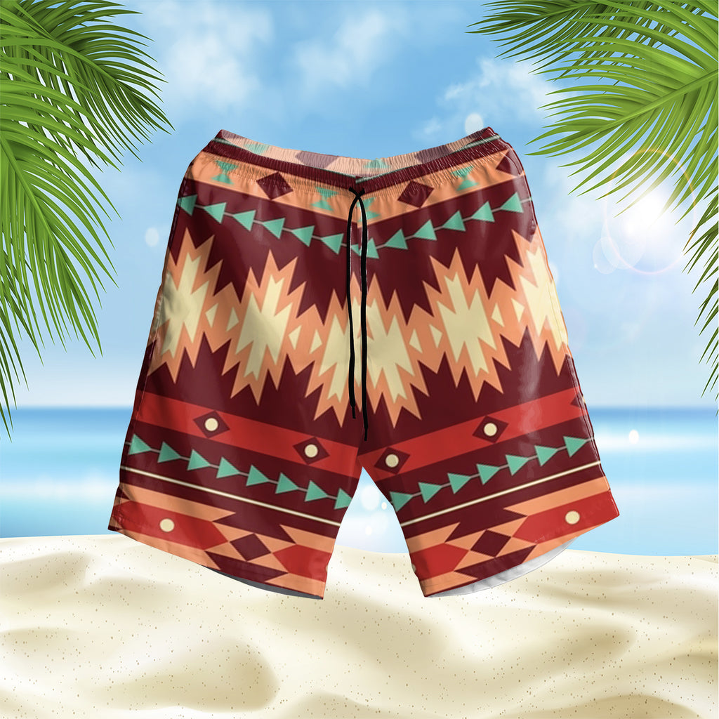 GB-NAT00510 Red Ethnic Pattern Hawaiian Shorts