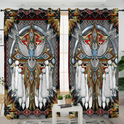LVR0007 - Gray Thunderbird Mandala Native American Living Room Curtain