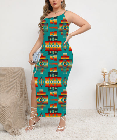 Powwow StoreGBNAT0040204 Blue Pattern  ObliqueShoulder Exposure Dress With Side Split