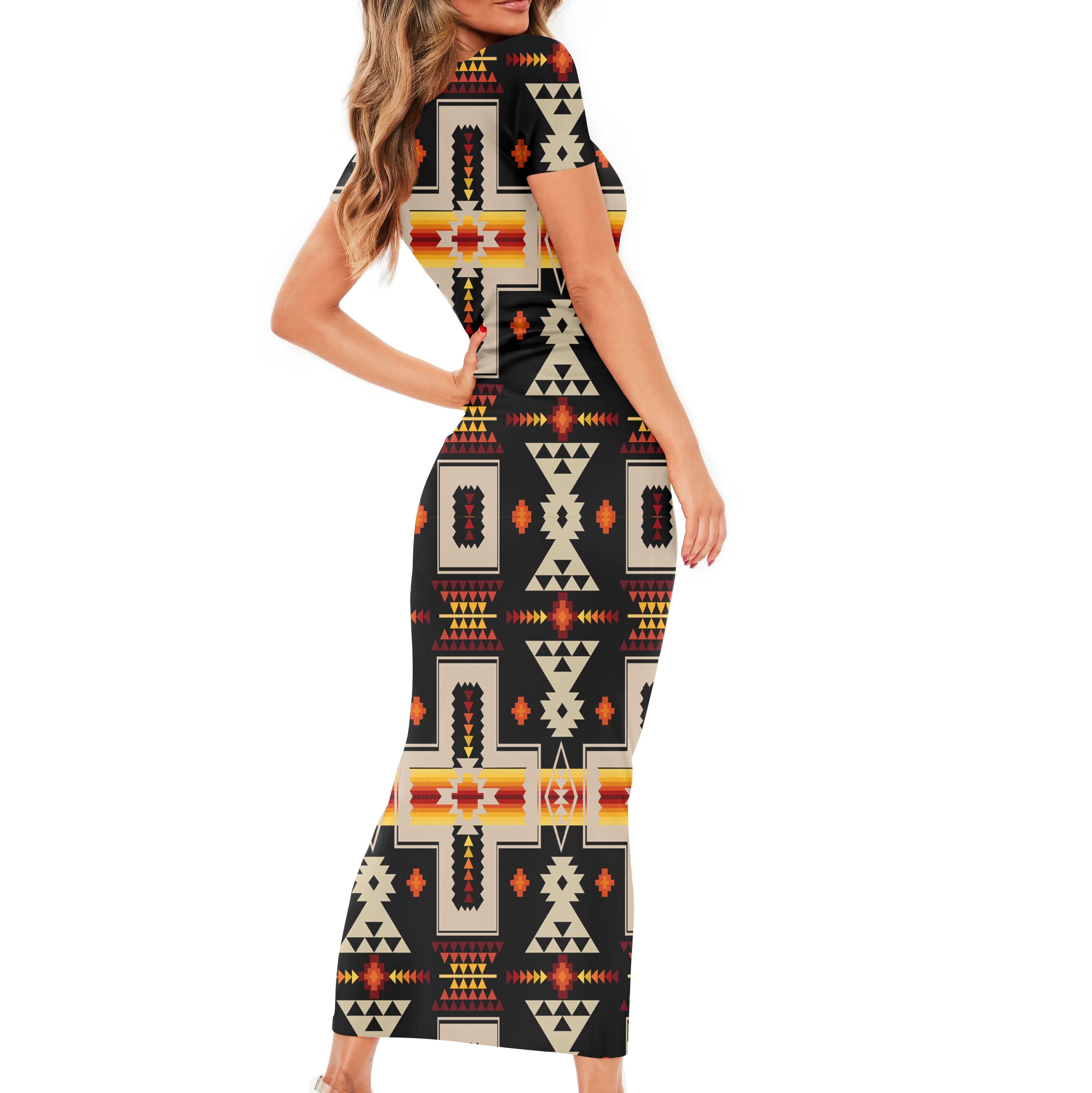 GB-NAT00062-01 Black Tribe Design Native American Short-Sleeved Body Dress - Powwow Store